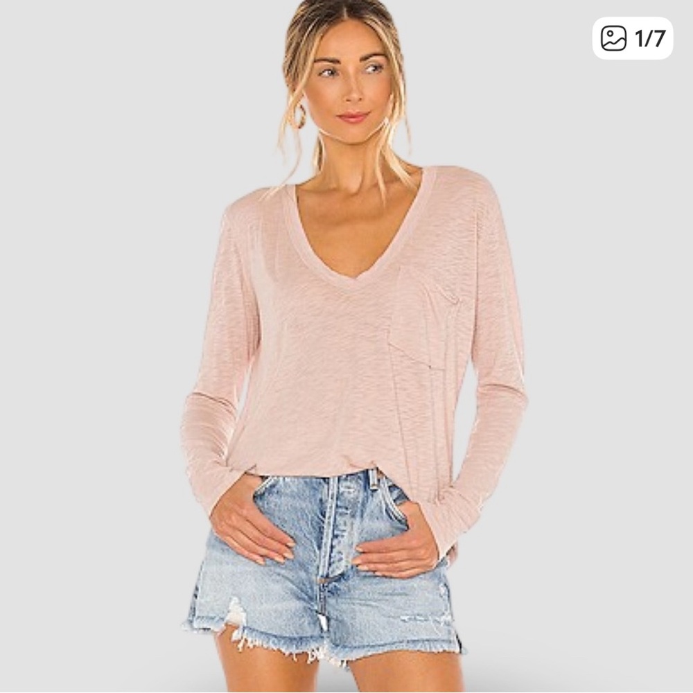 Free People Women's Pink V-Neck Long Sleeve Top